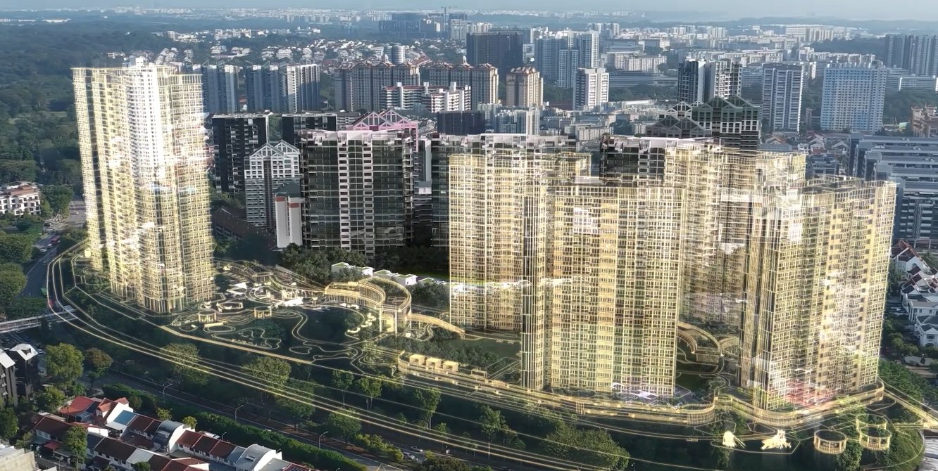 Aerial view of the Bright Hill Drive site with the proposed Thomson Reserve towers drawn in golden linework